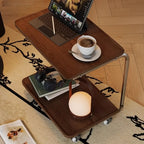 2-tier Rectangular C-shaped Wood Side Table with Wheels
