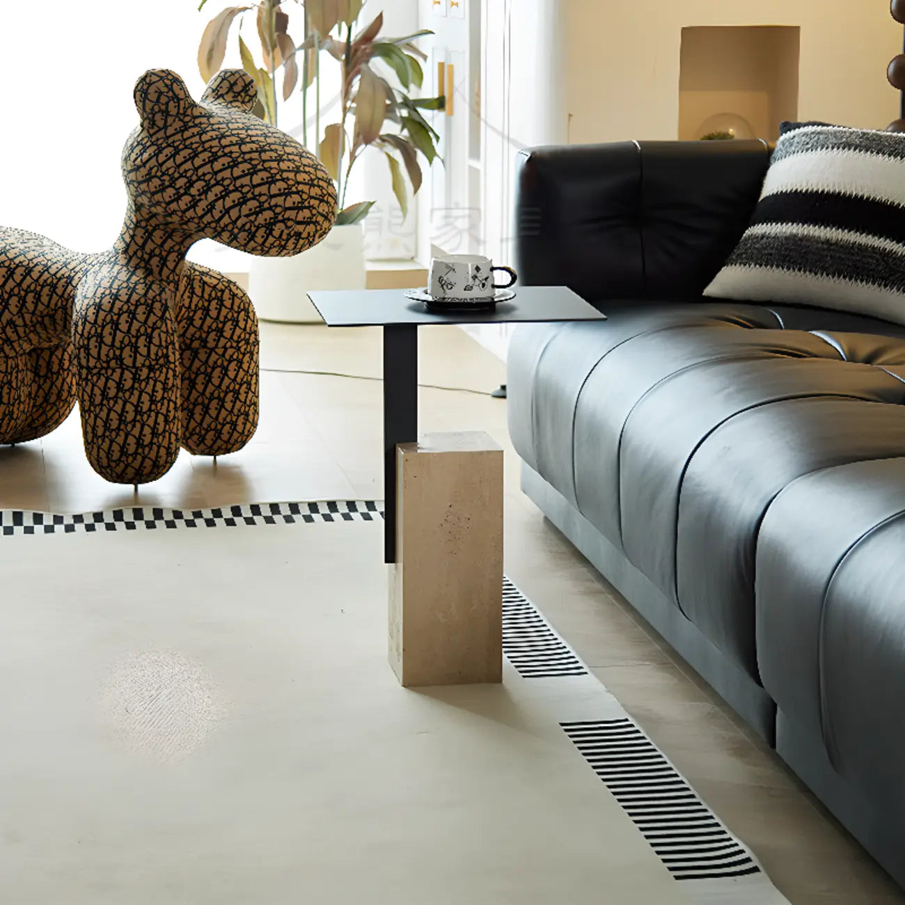 Modish Travertine Pedestal Metal Square Side Table