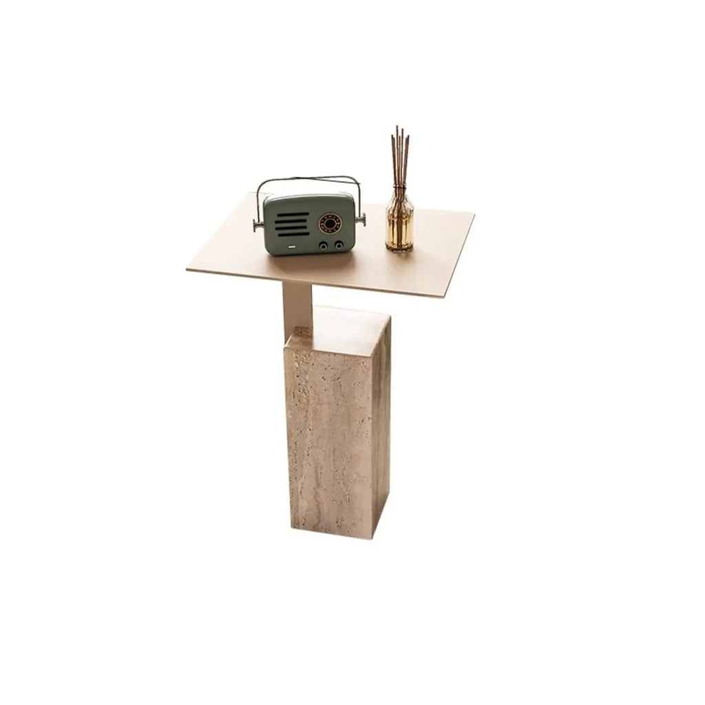 Modish Travertine Pedestal Metal Square Side Table