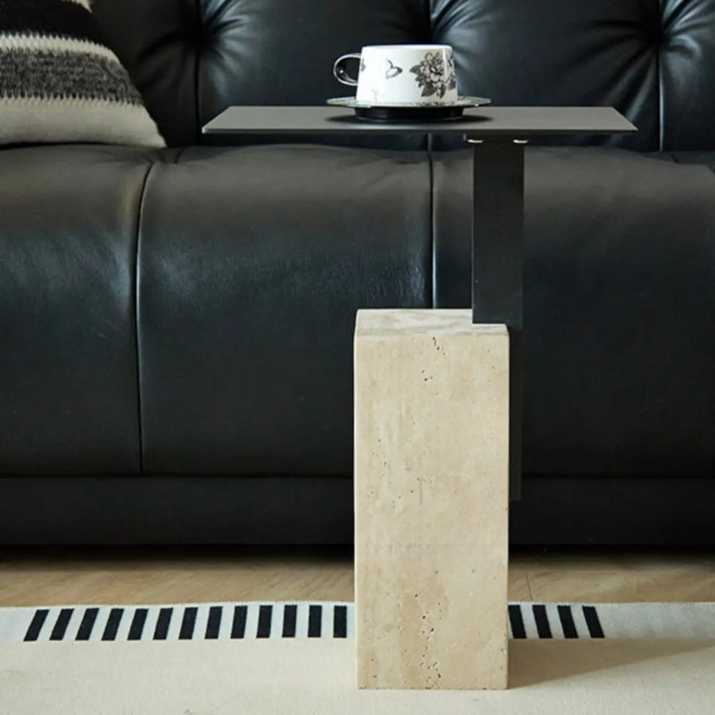 Modish Travertine Pedestal Metal Square Side Table