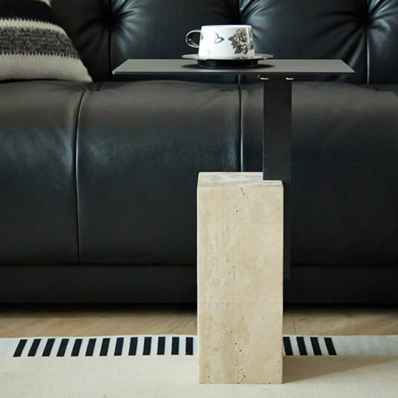 Modish Travertine Pedestal Metal Square Side Table