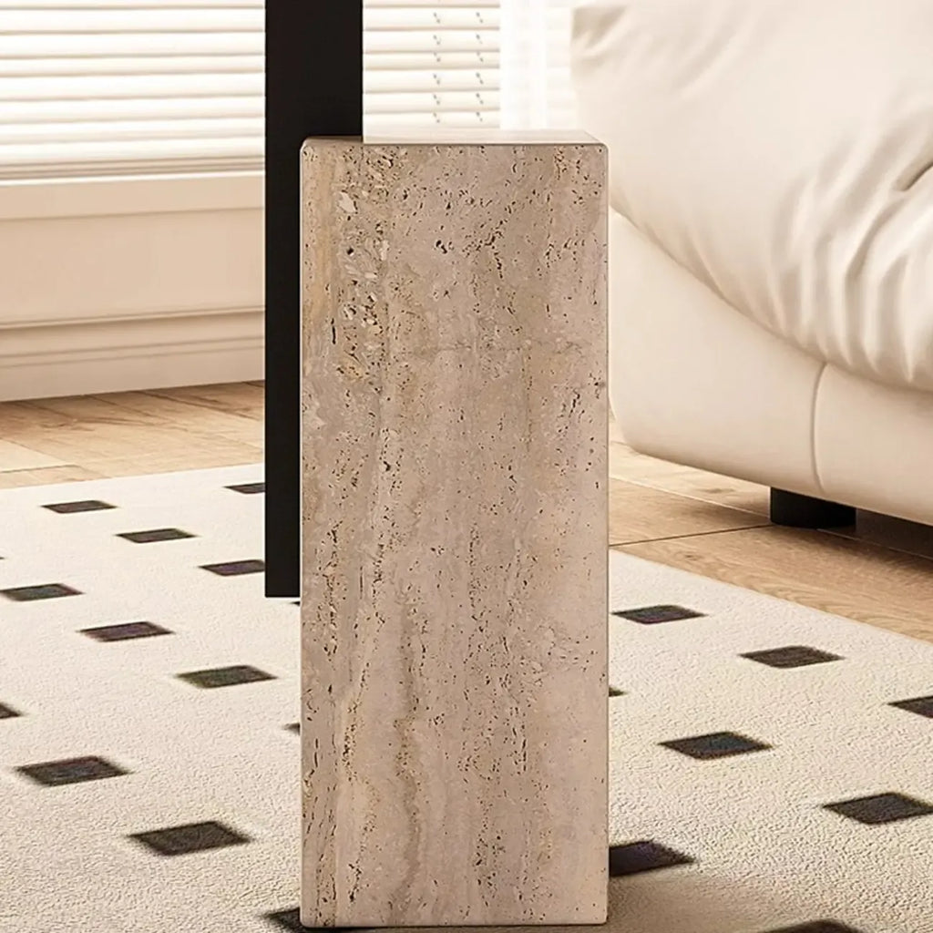 Modish Travertine Pedestal Metal Square Side Table