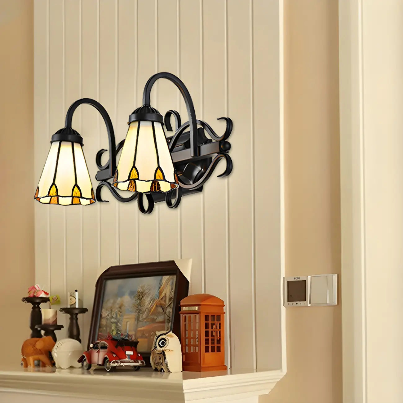 2-Light Vintage Beige Glass Wall Sconce for Entryway Decor