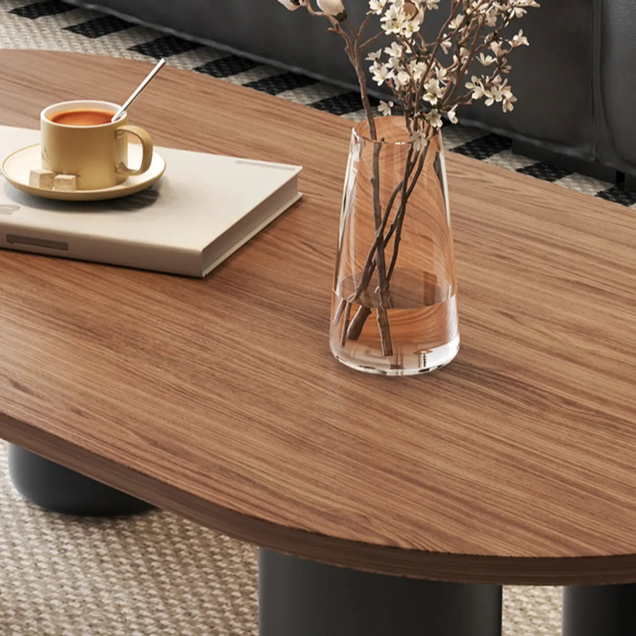Living Room 4 Legs Simple Wood Stone Oval Coffee Table