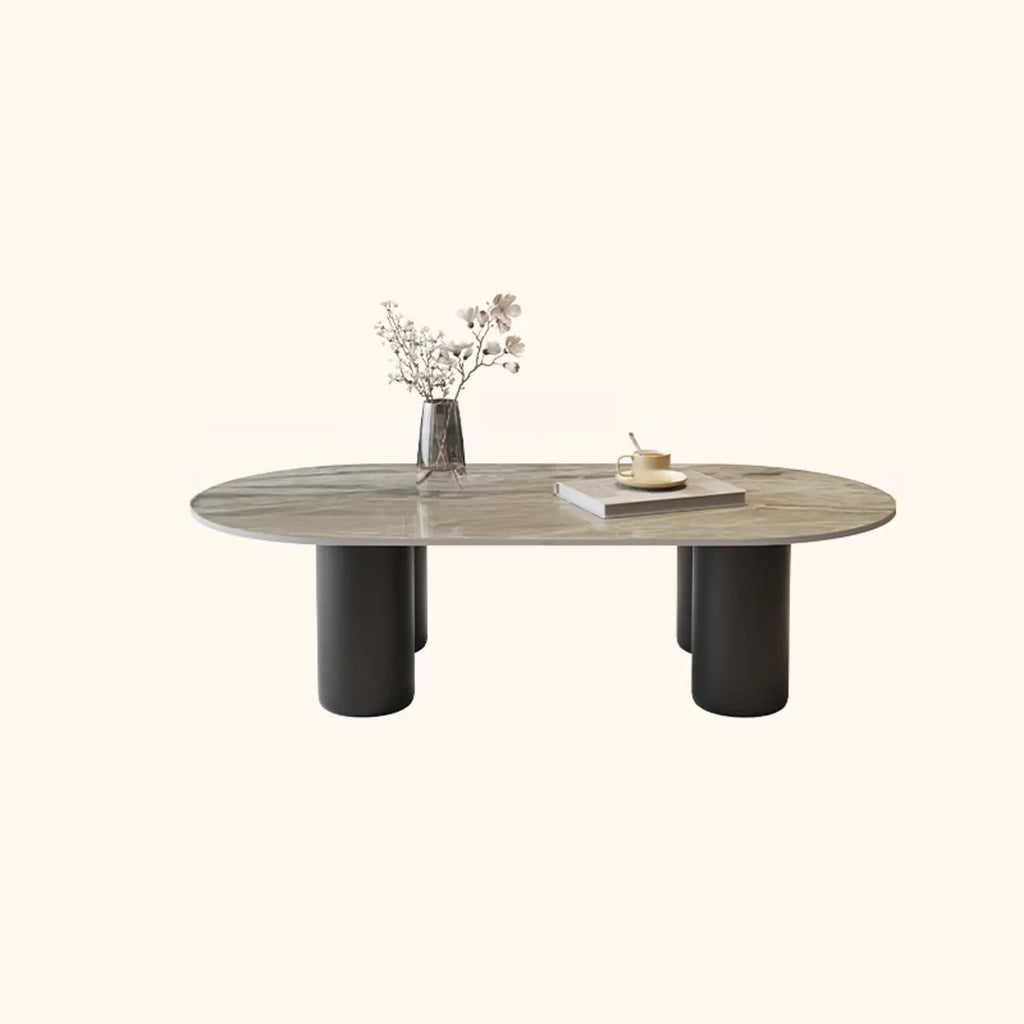 Living Room 4 Legs Simple Wood Stone Oval Coffee Table