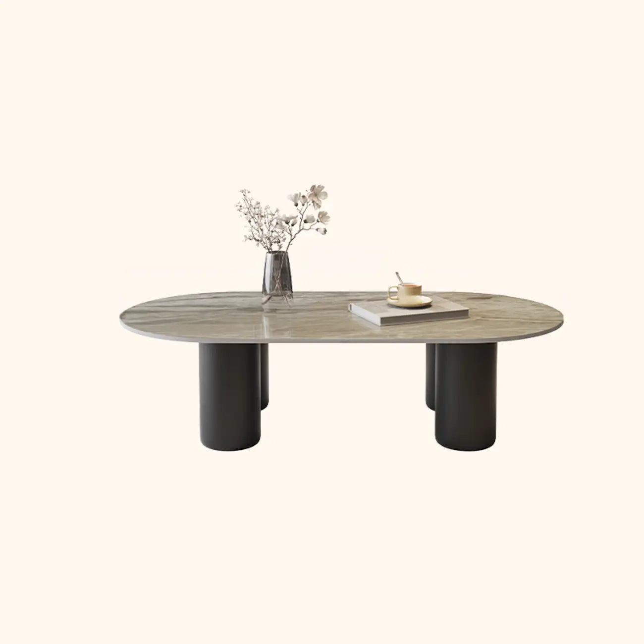 Living Room 4 Legs Simple Wood Stone Oval Coffee Table