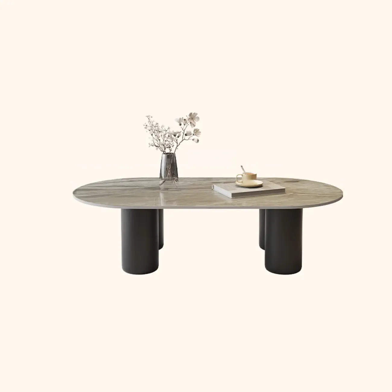 Living Room 4 Legs Simple Wood Stone Oval Coffee Table