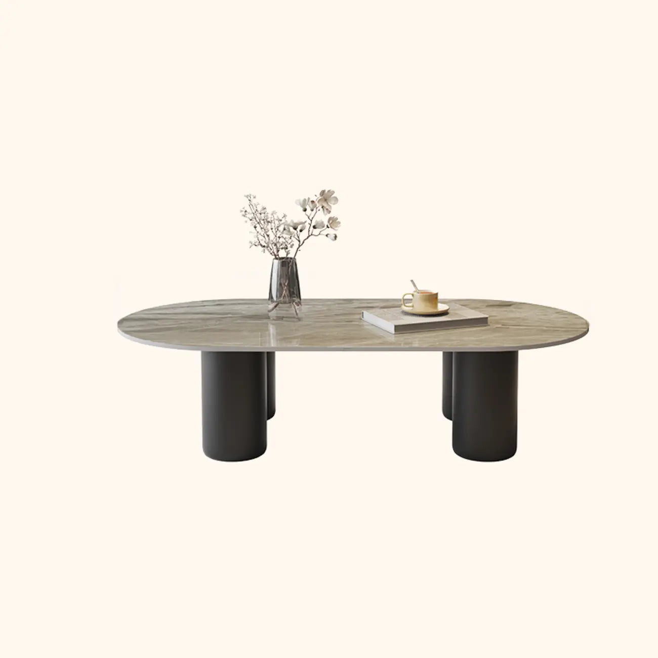 Living Room 4 Legs Simple Wood Stone Oval Coffee Table
