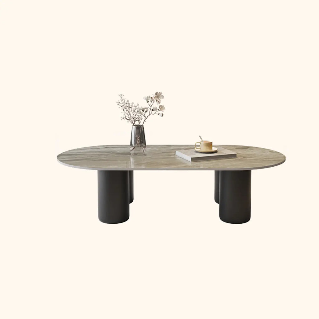 Living Room 4 Legs Simple Wood Stone Oval Coffee Table