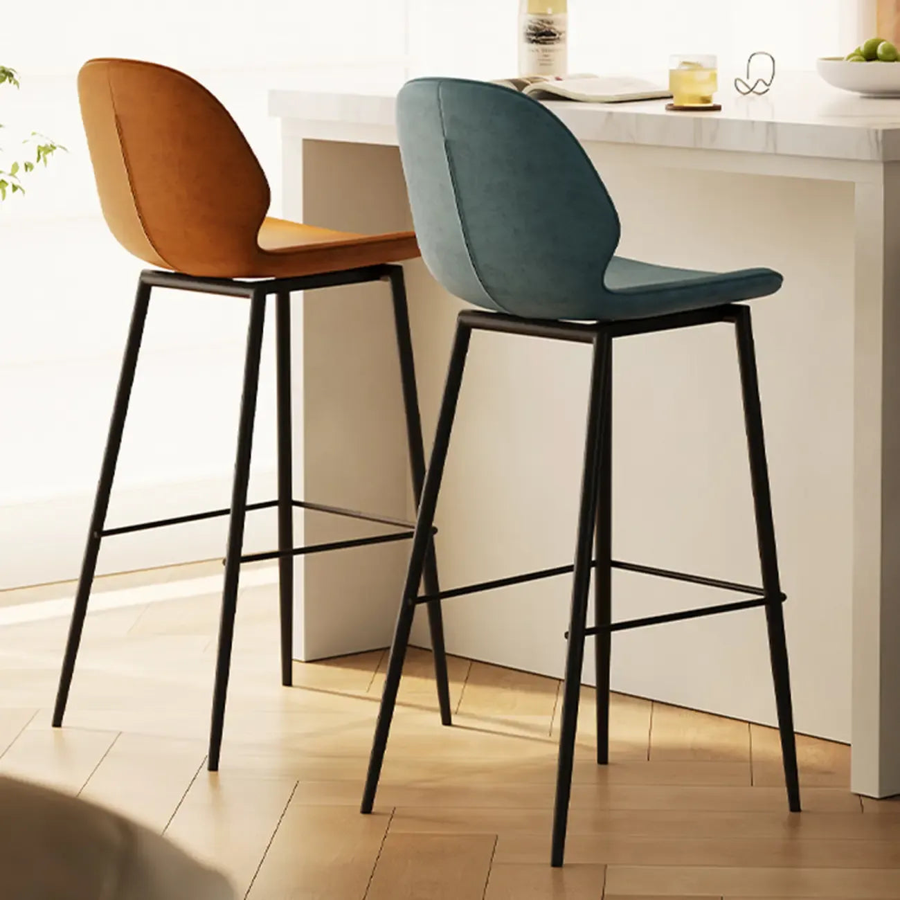 Saddle Orange Low Back Leather Bar Stools