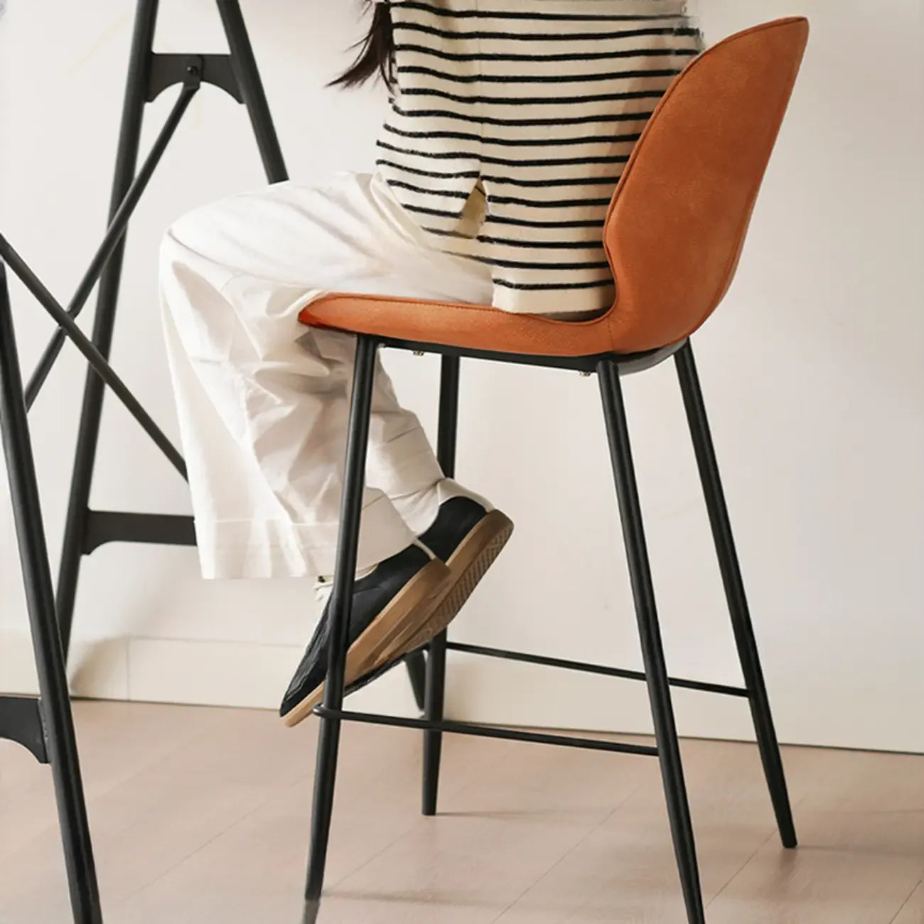 Saddle Orange Low Back Leather Bar Stools