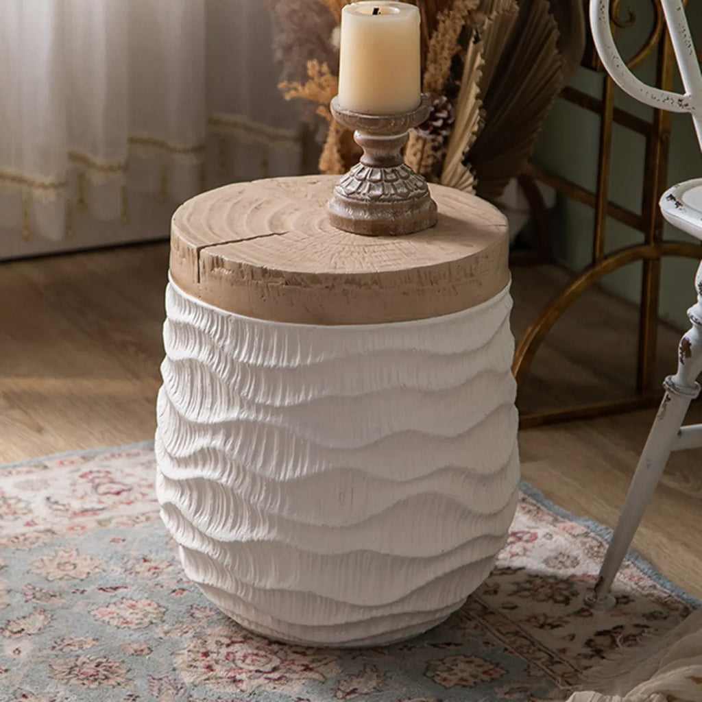 Elegant Drum Design White Wooden Side Table