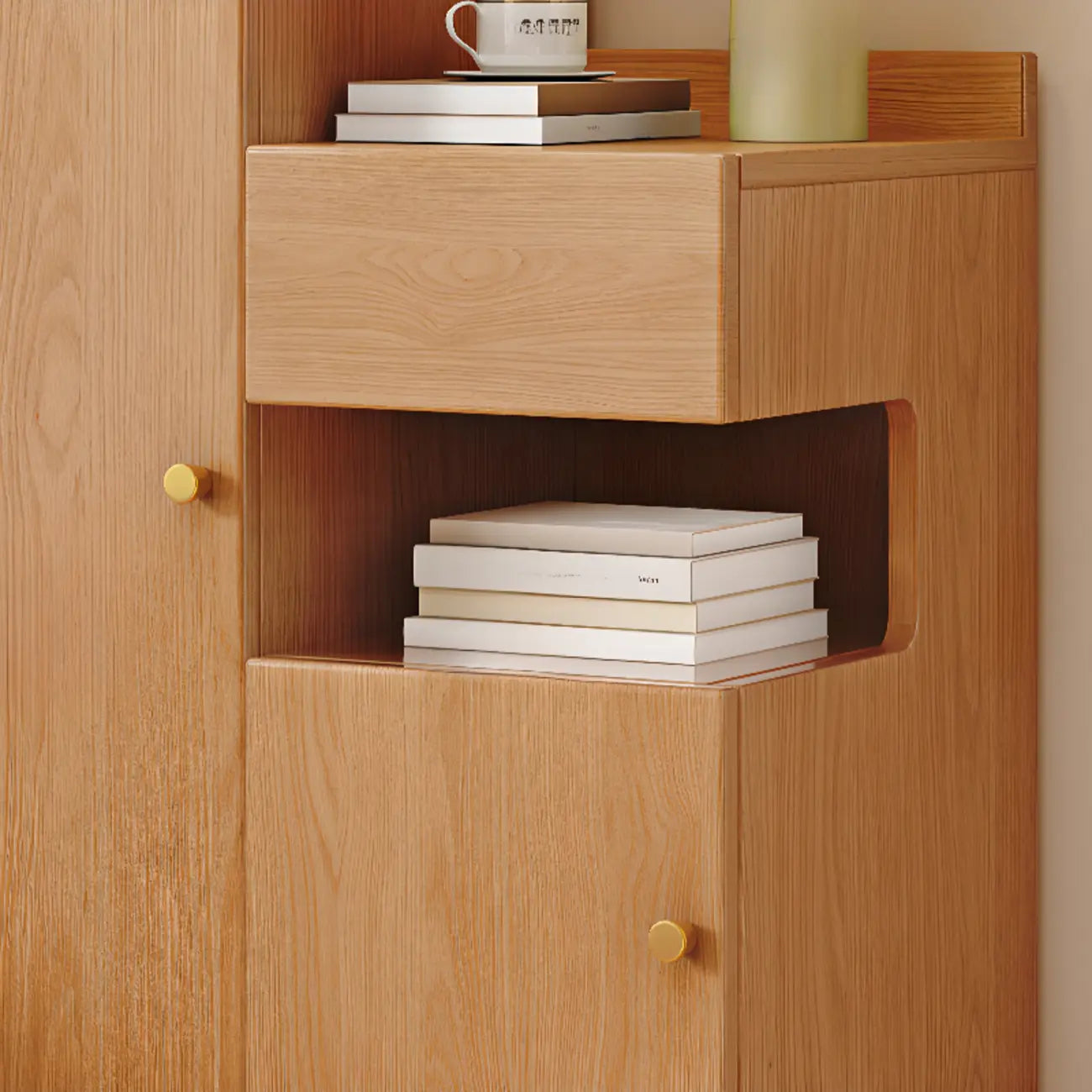 Casual Wood Color Rectangle Nightstand with 3 Cabinets
