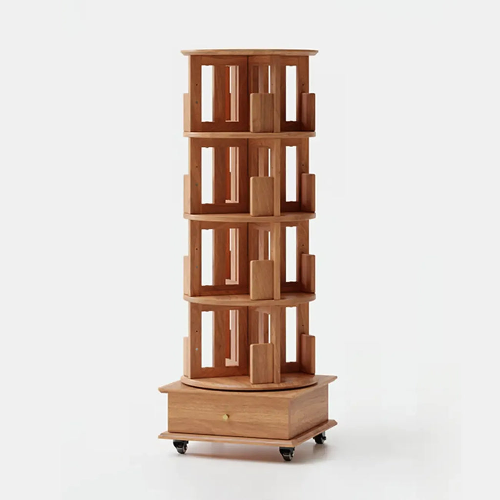 Cylindrical Movable 360° Rotating Wooden Bookshelf with Drawer
