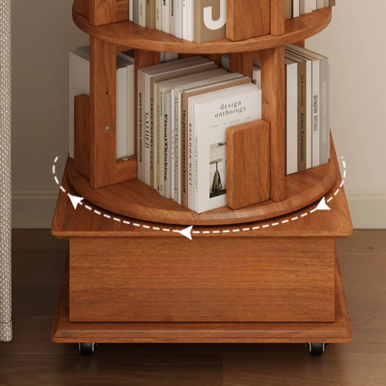 Cylindrical Movable 360° Rotating Wooden Bookshelf with Drawer