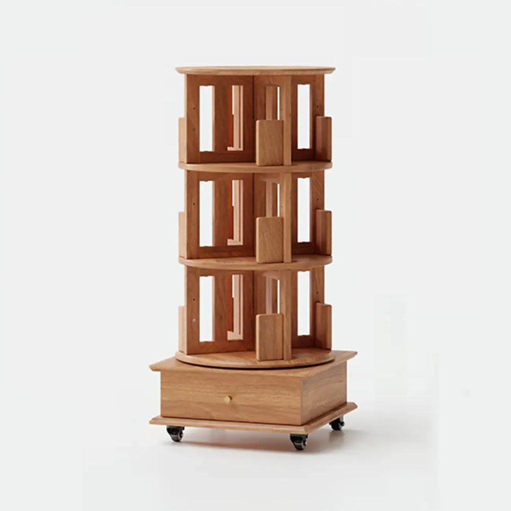 Cylindrical Movable 360° Rotating Wooden Bookshelf with Drawer
