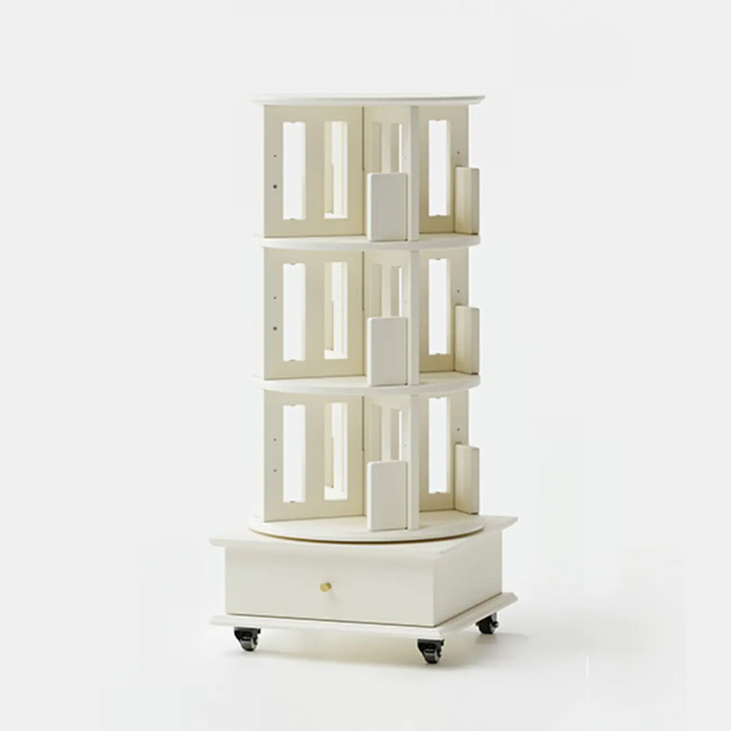 Cylindrical Movable 360° Rotating Wooden Bookshelf with Drawer