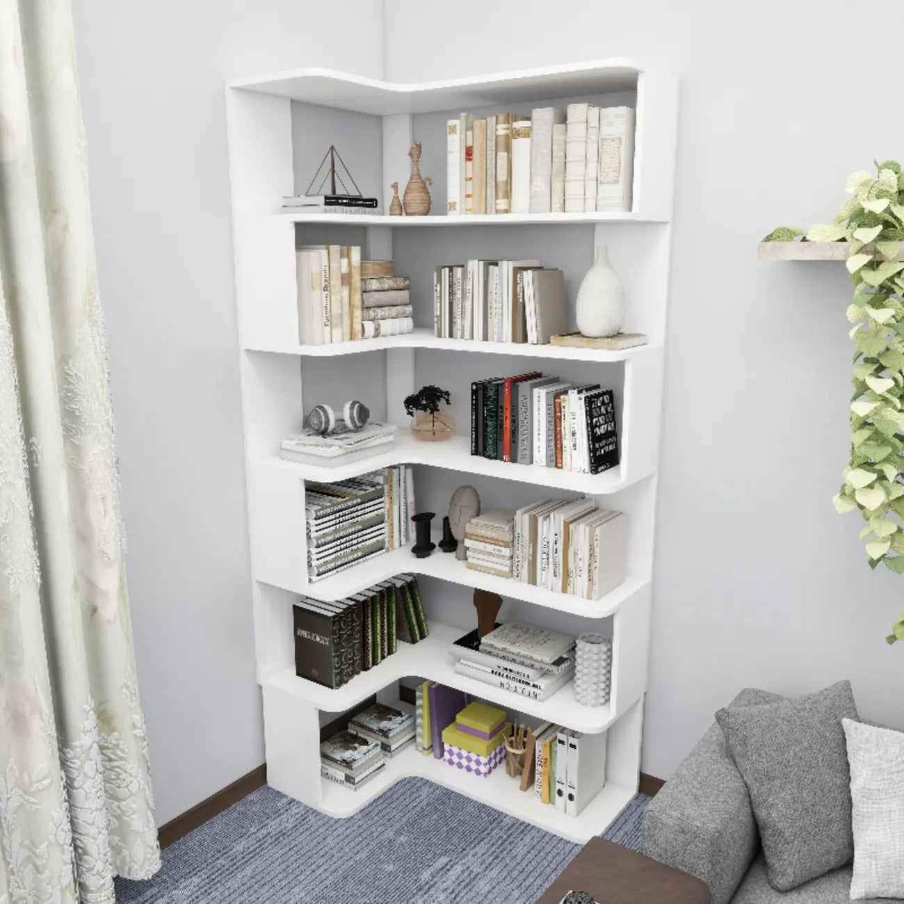 Manufactured Wood Corner Bookshelf with 6 Shelves