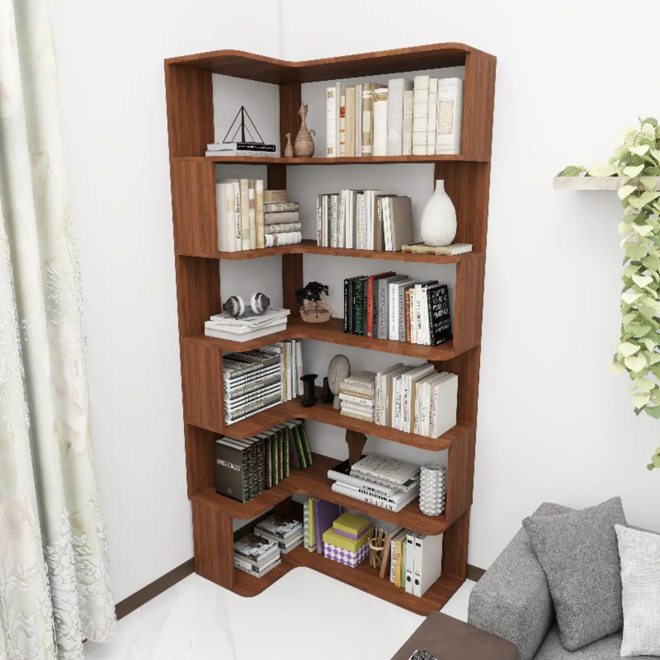 Manufactured Wood Corner Bookshelf with 6 Shelves