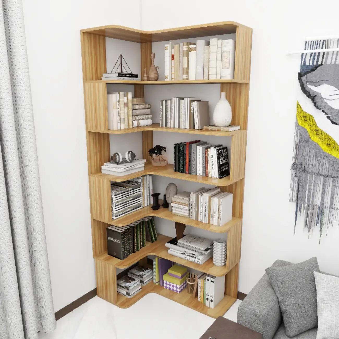 Manufactured Wood Corner Bookshelf with 6 Shelves