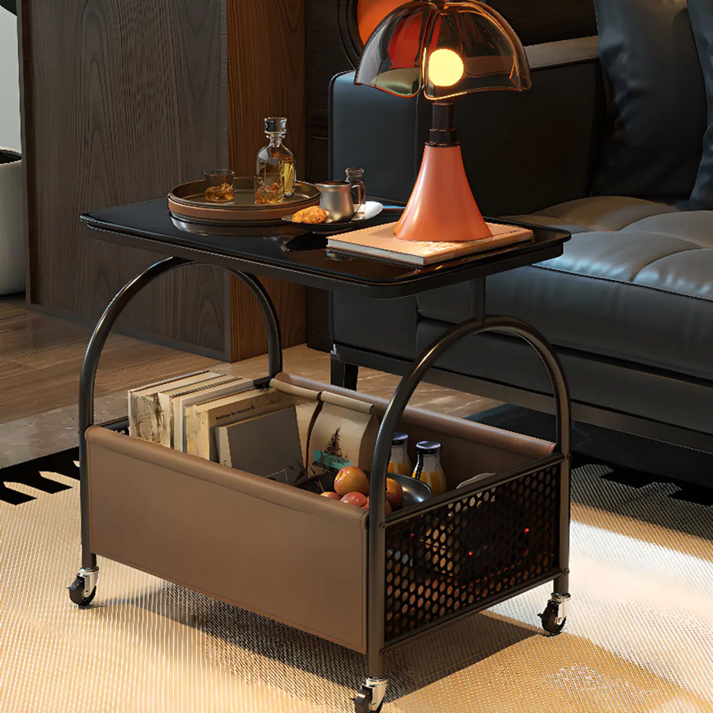 Versatile Glass-Top Metal 360° Rolling Side Table with Storage