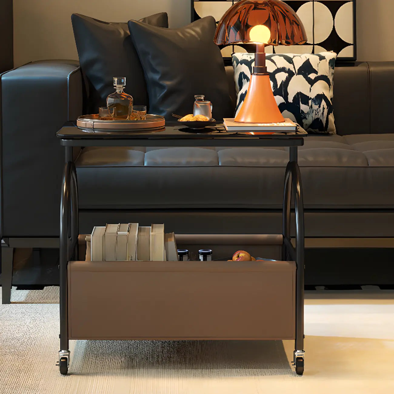 Versatile Glass-Top Metal 360° Rolling Side Table with Storage