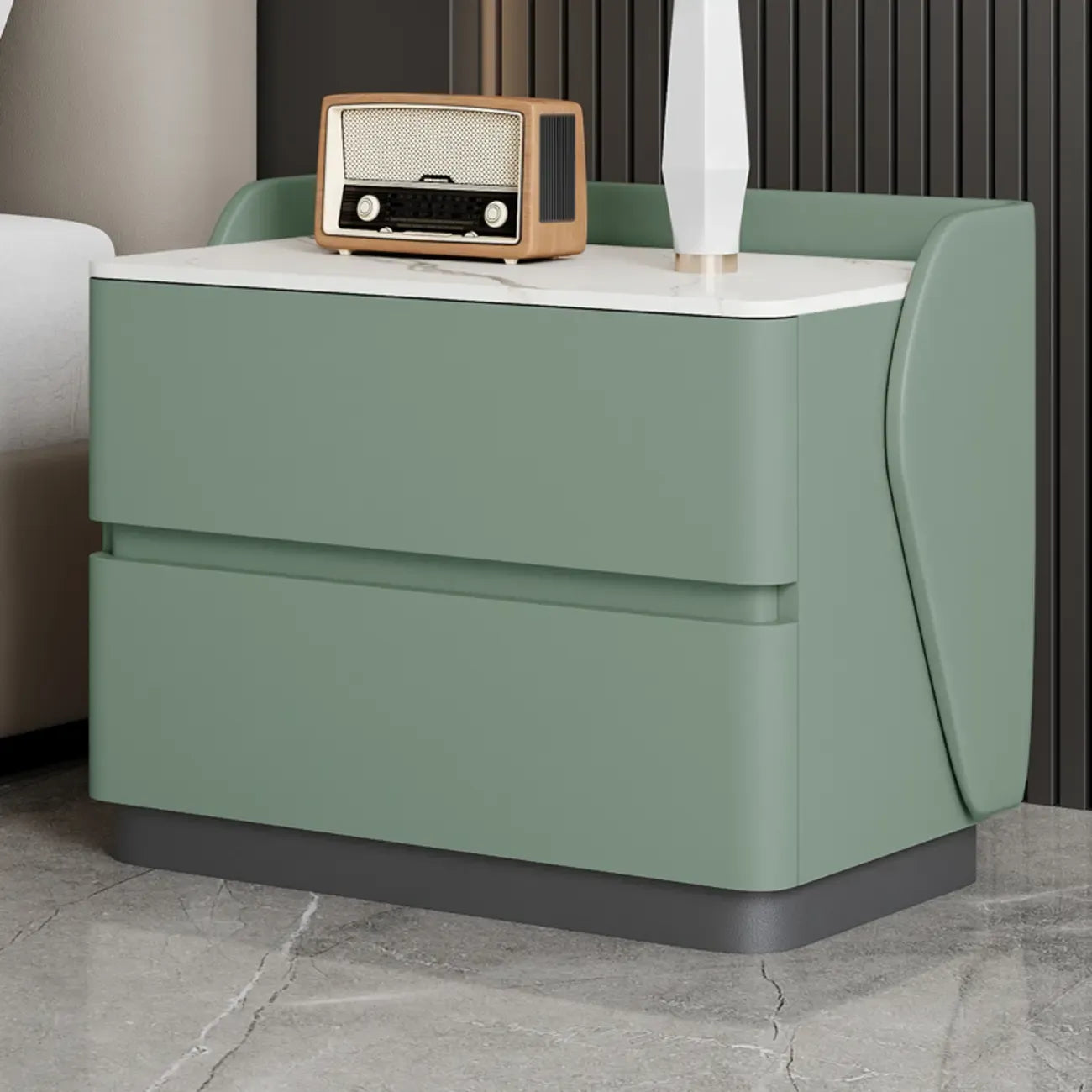 Art Deco Stone Top Nightstand with 2 Storage Drawers