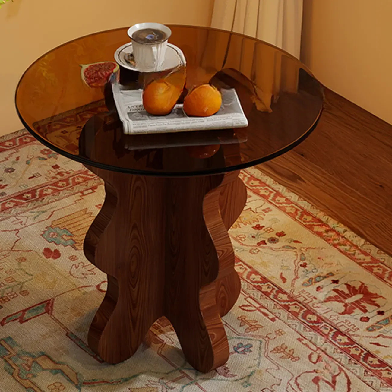 Mid-Century Modern Glass Top Walnut Pedestal Side Table