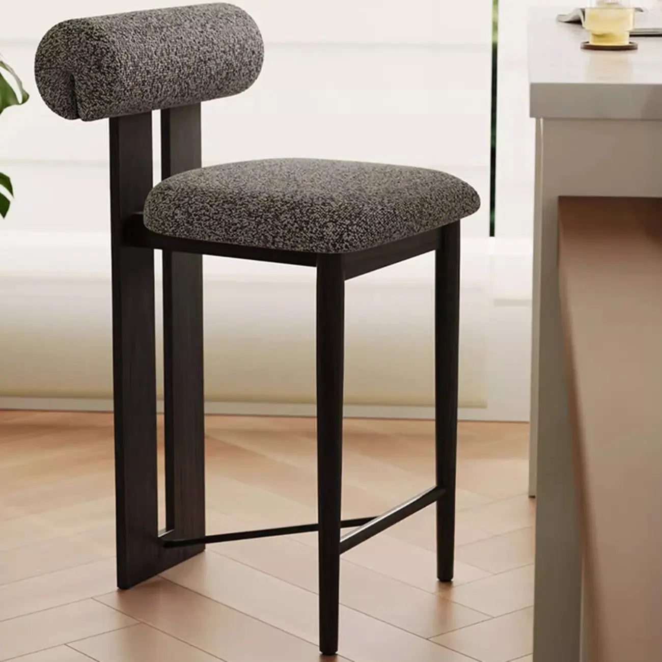 Mid-Century Modern Boucle Wood Counter Bar Stool