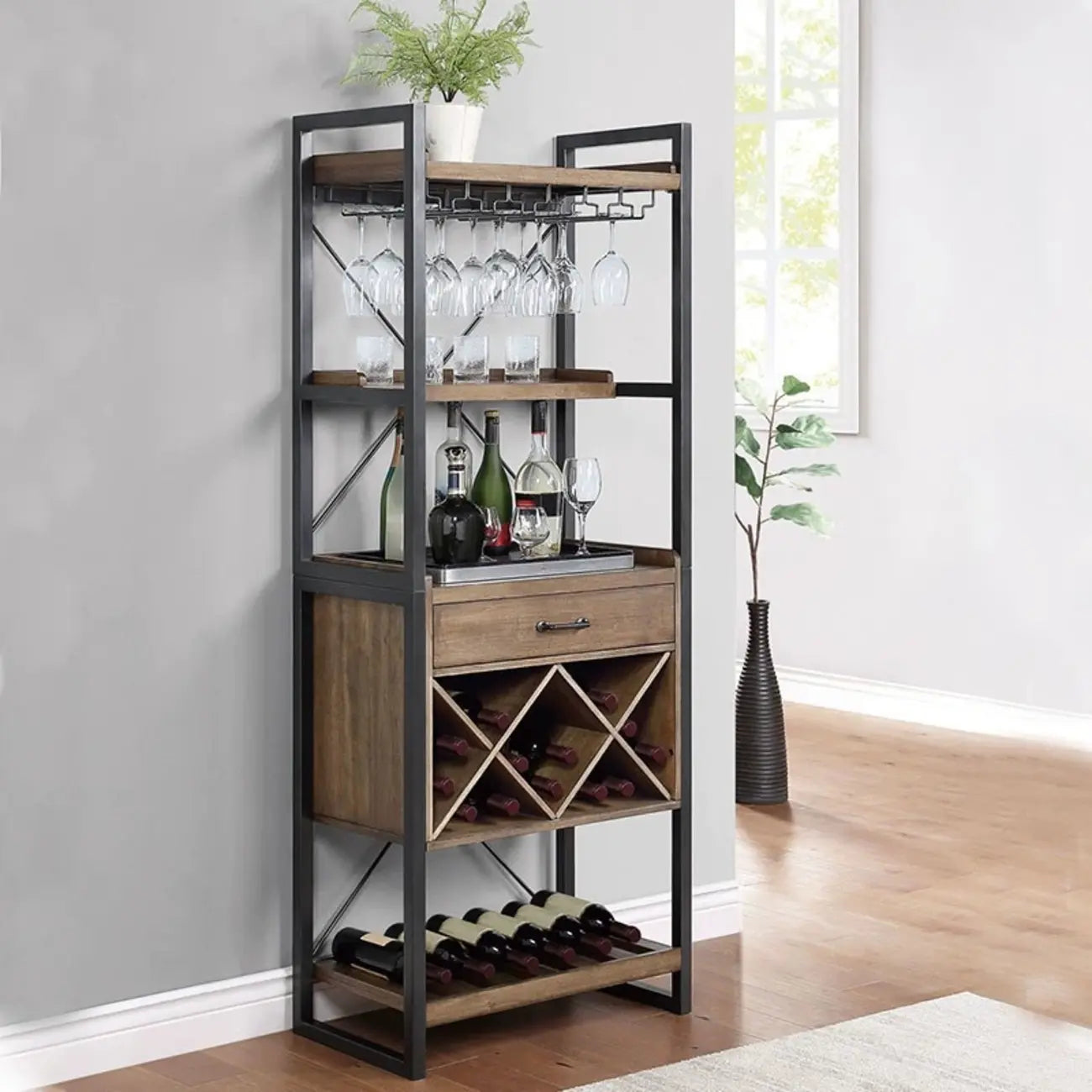 Brown Woodworking Unfixed Wine Bottle & Open Glass Rack with Shelf
