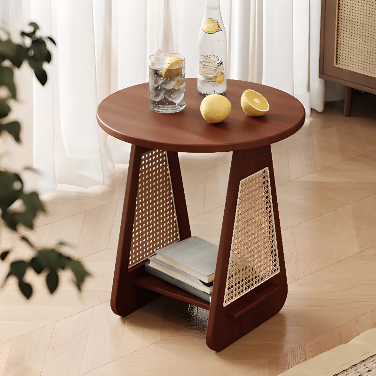Mid-century Modern 2-tier Wood Side Table with Rattan Legs