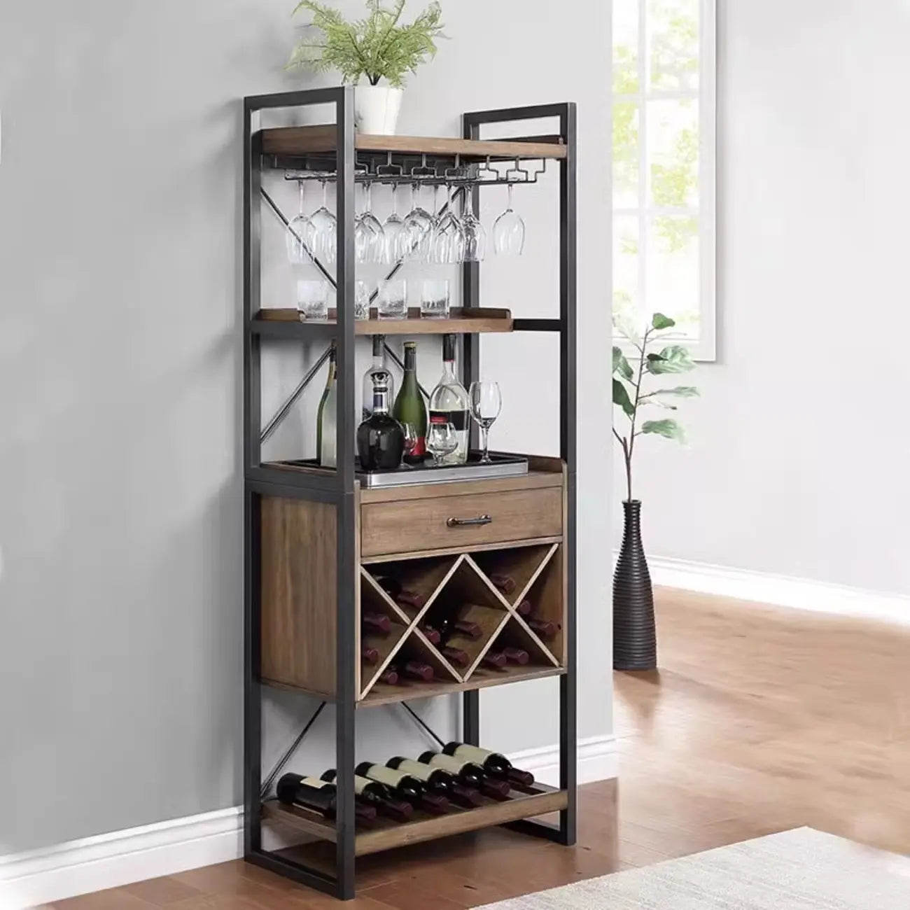 Brown Natural Wood Wine Bottle Glass Rack and Open Wine Rack