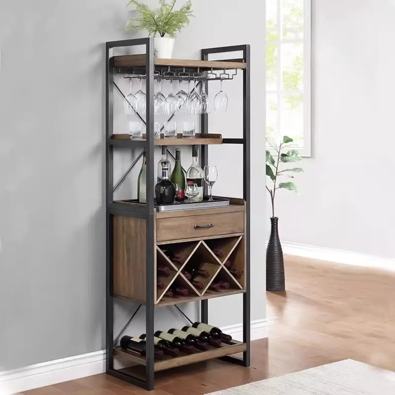Brown Natural Wood Wine Bottle Glass Rack and Open Wine Rack
