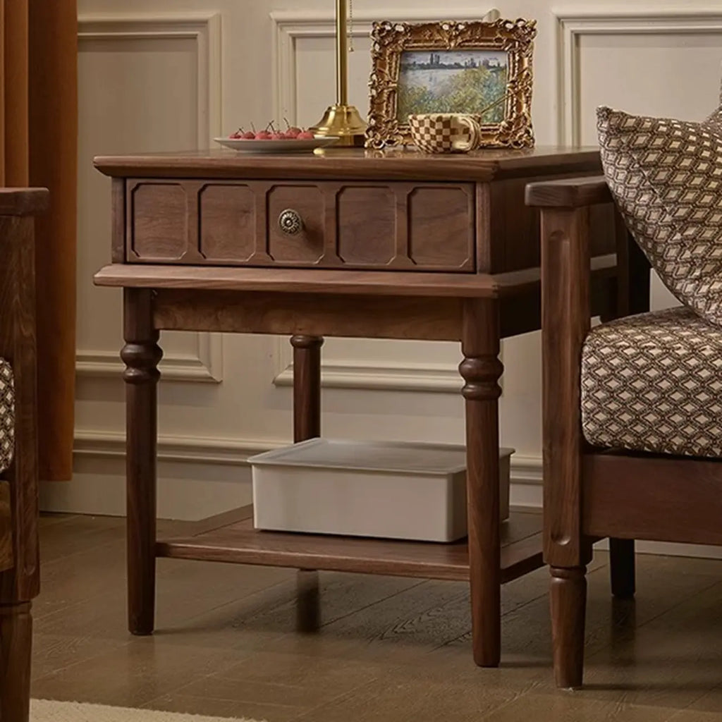 Mid-century Modern Square Walnut Wood End Table with Drawer