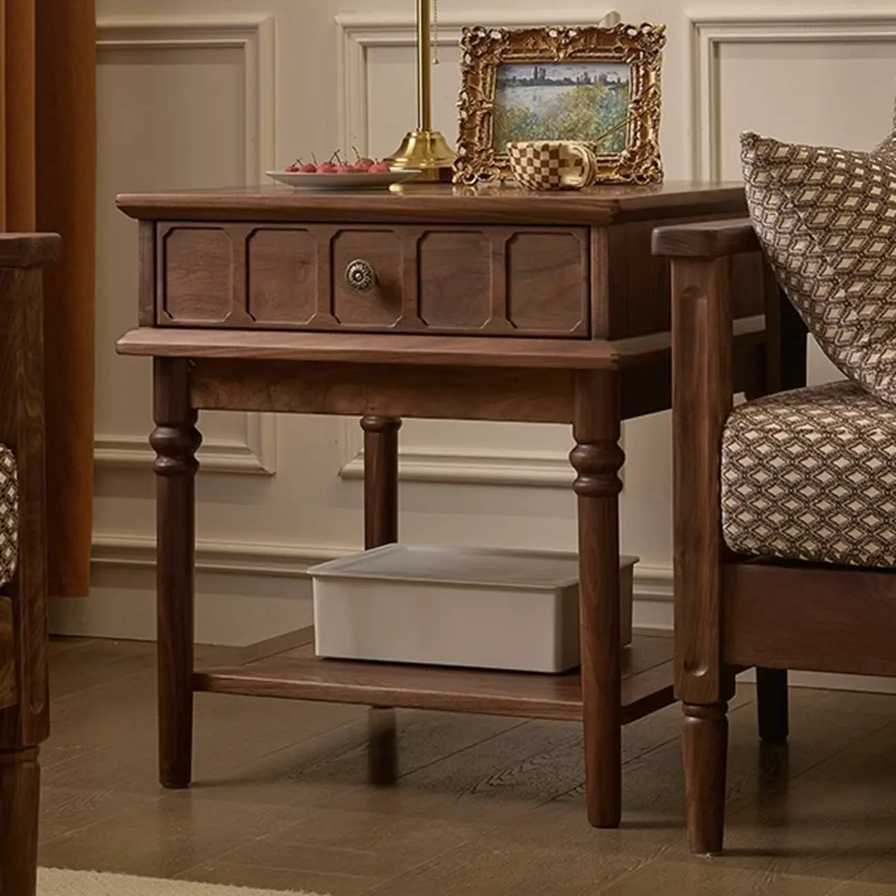 Mid-century Modern Square Walnut Wood End Table with Drawer