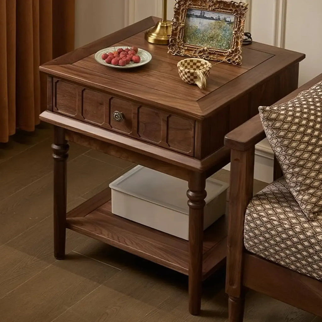 Mid-century Modern Square Walnut Wood End Table with Drawer