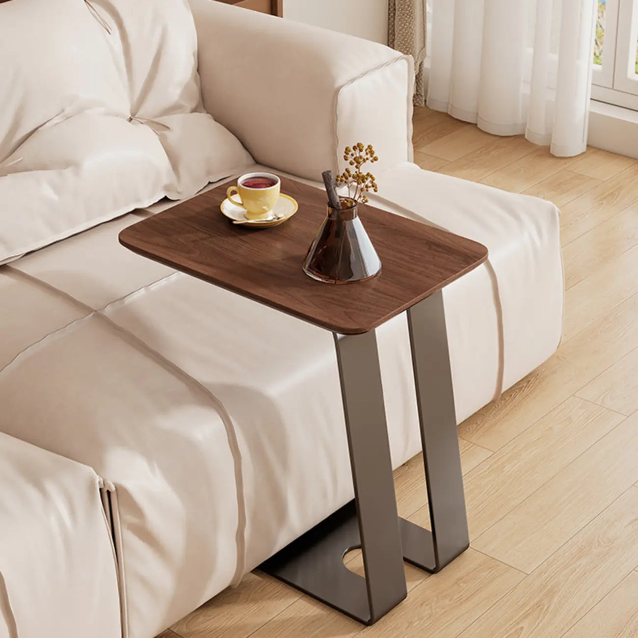 Minimalist Brown Rectangle Ash Wood C-shaped Side Table