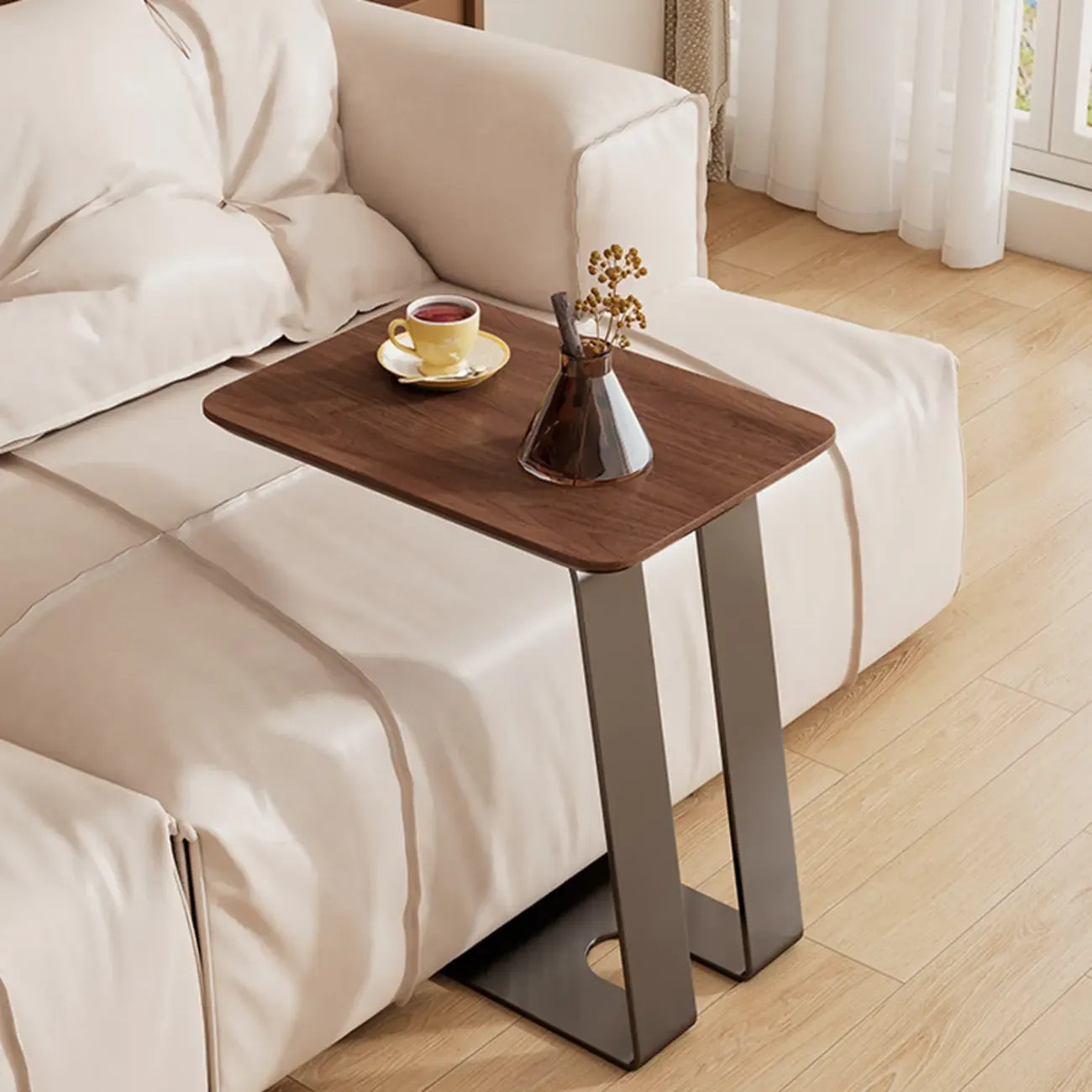 Minimalist Brown Rectangle Ash Wood C-shaped Side Table