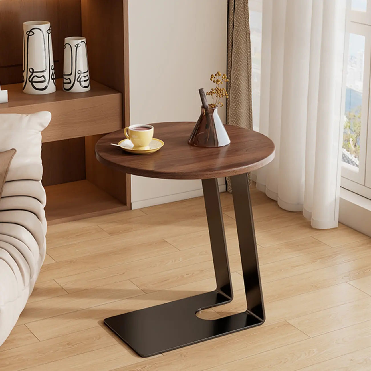 Minimalist Brown Rectangle Ash Wood C-shaped Side Table