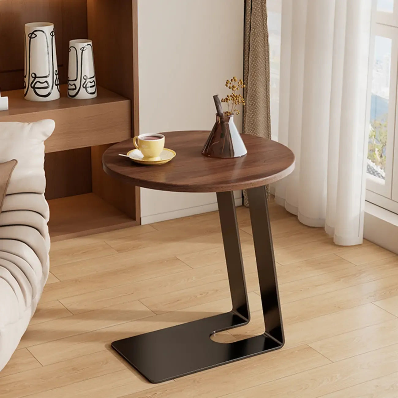 Minimalist Brown Rectangle Ash Wood C-shaped Side Table