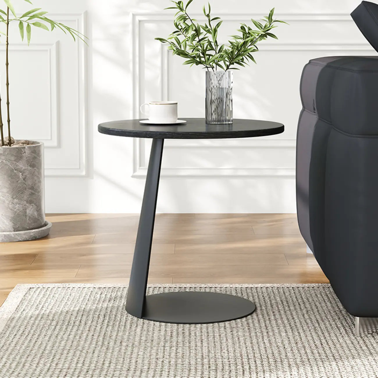 Black Minimalist Round Wood Steel C Shaped Side Table