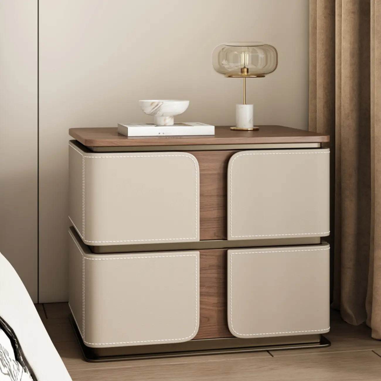 Art Deco Wood Top 2 Drawer Storage Nightstand