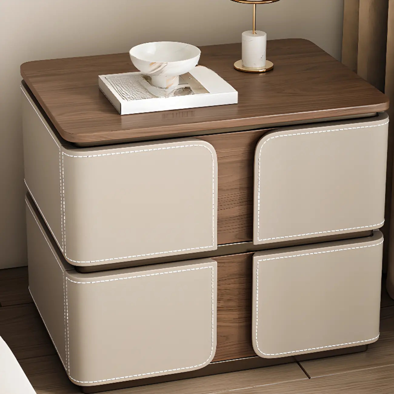 Art Deco Wood Top 2 Drawer Storage Nightstand