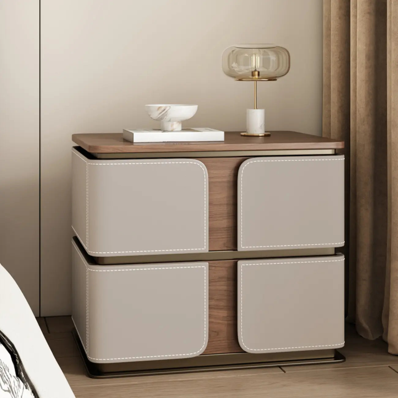 Art Deco Wood Top 2 Drawer Storage Nightstand