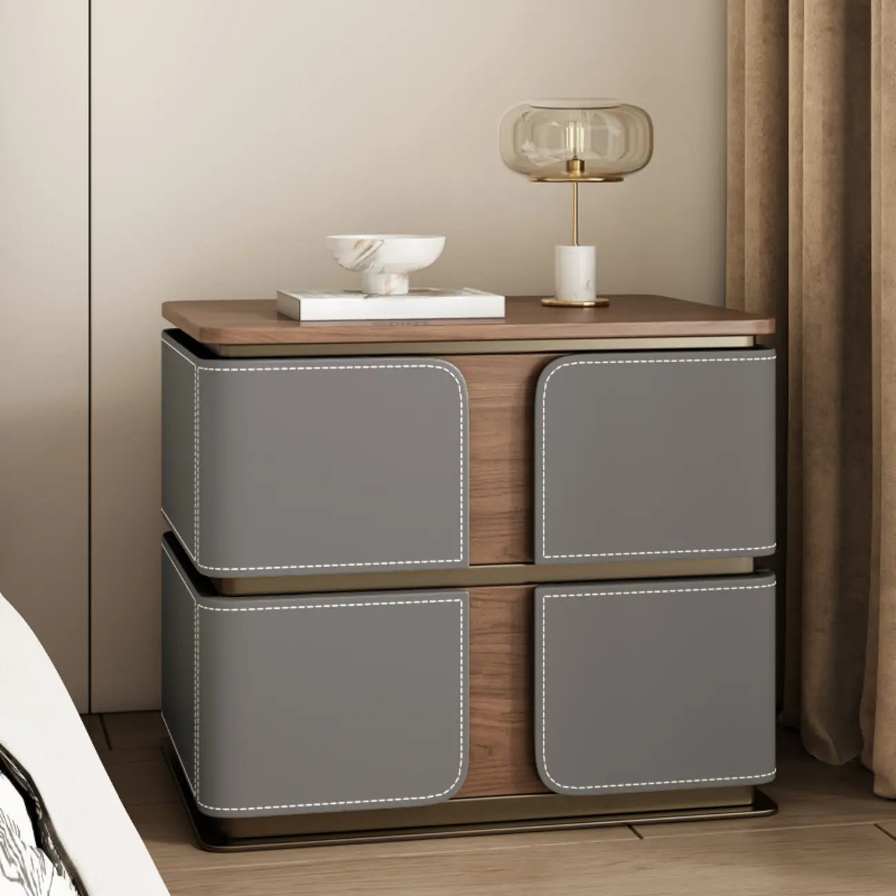 Art Deco Wood Top 2 Drawer Storage Nightstand