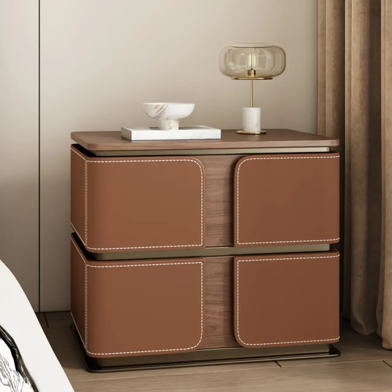 Art Deco Wood Top 2 Drawer Storage Nightstand