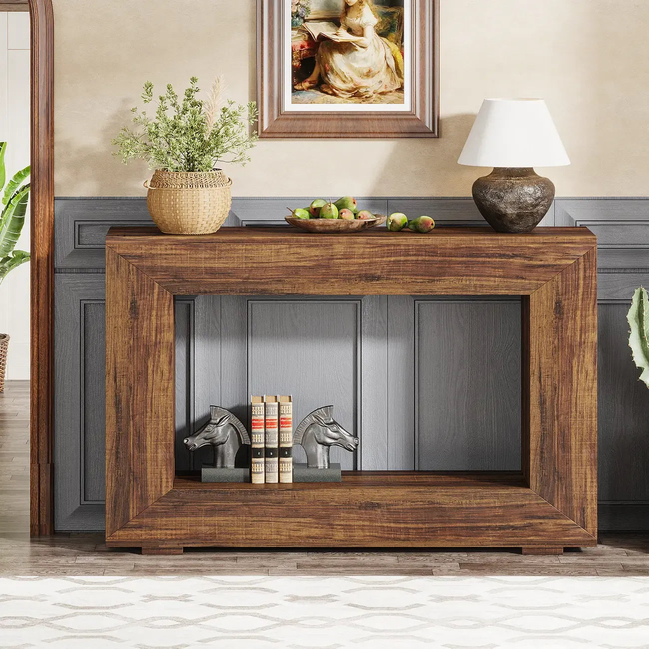 Vintage Wood Console Table Rectangular with Shelf