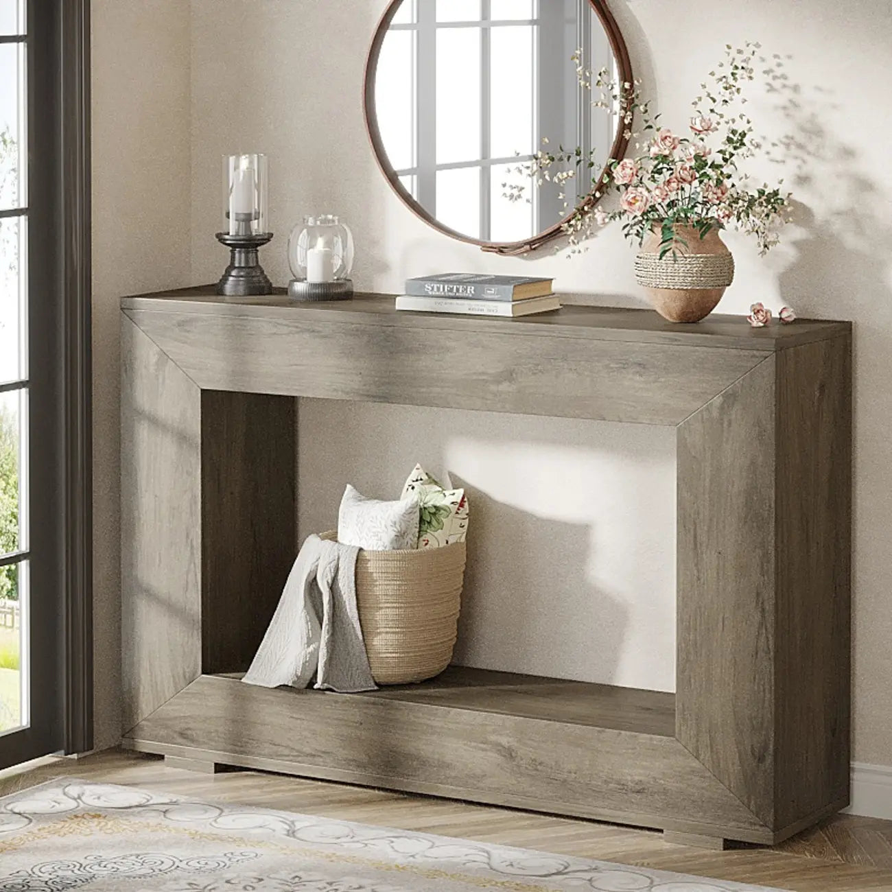 Vintage Wood Console Table Rectangular with Shelf
