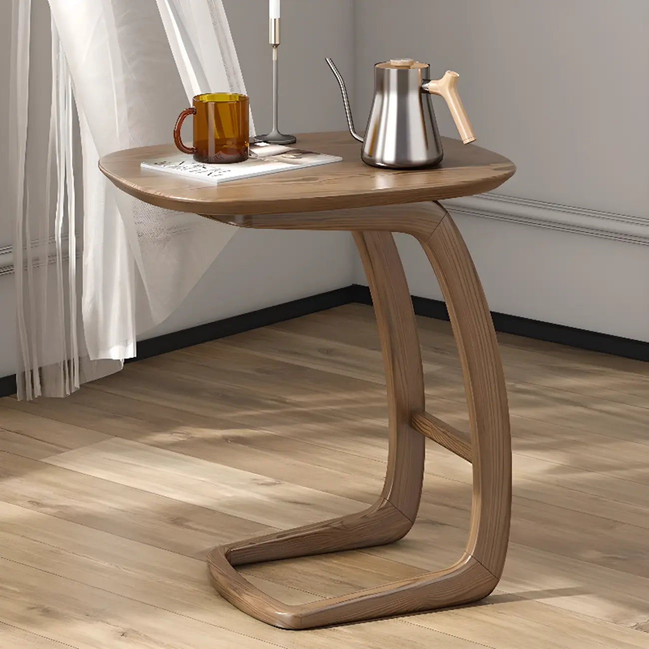 Minimalist C Shaped Natural Wood Living Room Side Table