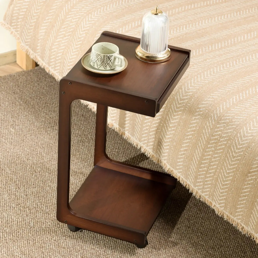 Rolling Rectangle Wooden C Shaped Side Table With Drawer